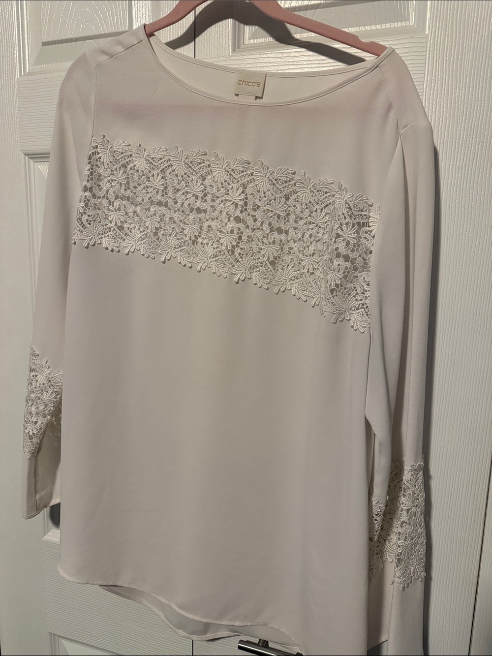 Chico's Cream Lace-Panel Long-Sleeve Blouse